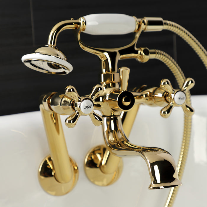 Kingston Heirloom KS229PB - Kingston Three-Handle 2-Hole Tub Wall Mount Clawfoot Tub Faucet with Handshower, Polished Brass