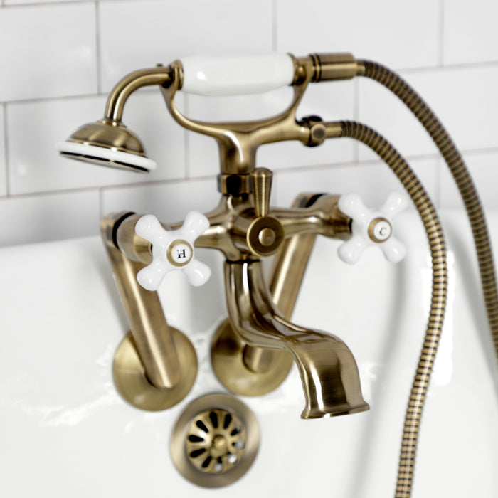 Kingston Heirloom KS229PXAB - Kingston Three-Handle 2-Hole Tub Wall Mount Clawfoot Tub Faucet with Hand Shower, Antique Brass