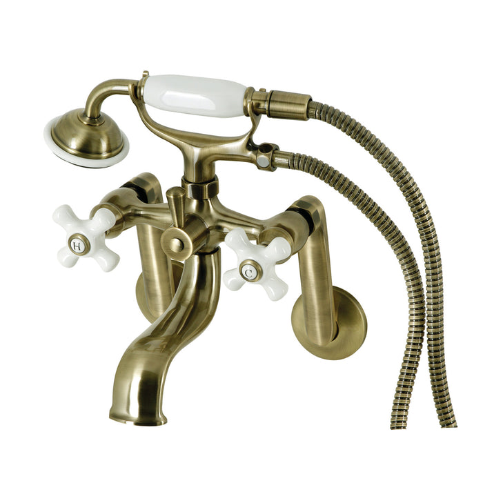 Kingston Heirloom KS229PXAB - Kingston Three-Handle 2-Hole Tub Wall Mount Clawfoot Tub Faucet with Hand Shower, Antique Brass