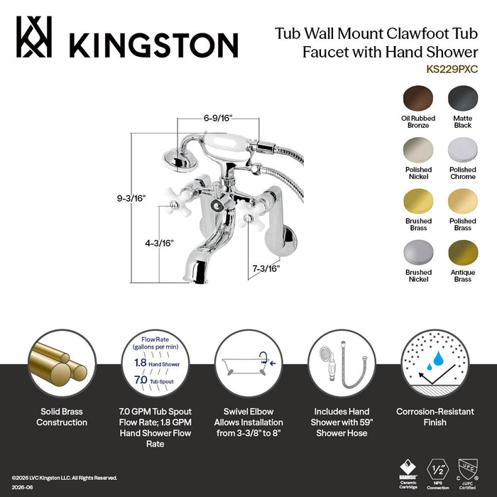 Kingston Heirloom KS229PXC - Kingston Three-Handle 2-Hole Tub Wall Mount Clawfoot Tub Faucet with Hand Shower, Polished Chrome