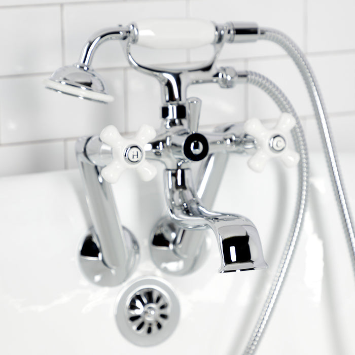 Kingston Heirloom KS229PXC - Kingston Three-Handle 2-Hole Tub Wall Mount Clawfoot Tub Faucet with Hand Shower, Polished Chrome