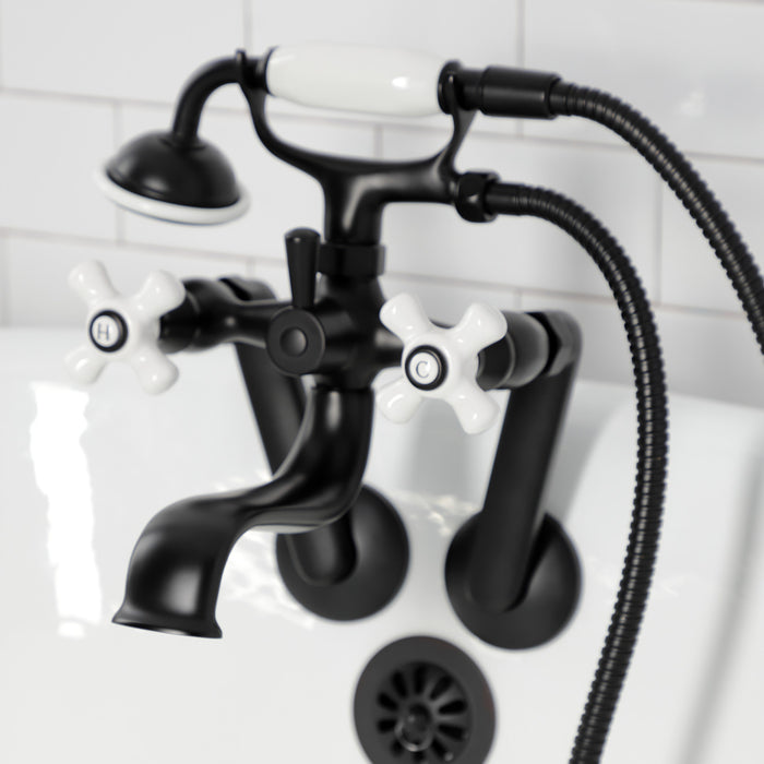 Kingston Heirloom KS229PXMB - Kingston Three-Handle 2-Hole Tub Wall Mount Clawfoot Tub Faucet with Hand Shower, Matte Black