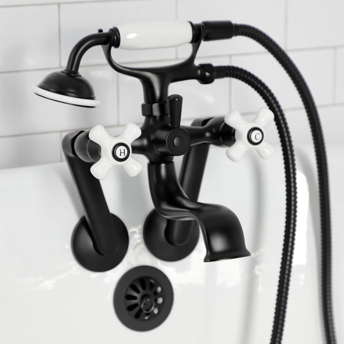 Kingston Heirloom KS229PXMB - Kingston Three-Handle 2-Hole Tub Wall Mount Clawfoot Tub Faucet with Hand Shower, Matte Black