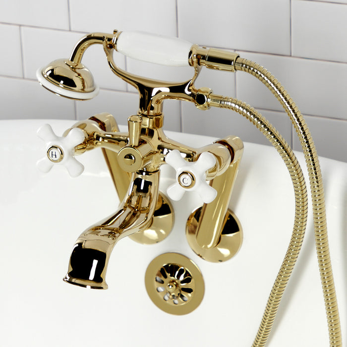 Kingston Heirloom KS229PXPB - Kingston Three-Handle 2-Hole Tub Wall Mount Clawfoot Tub Faucet with Hand Shower, Polished Brass
