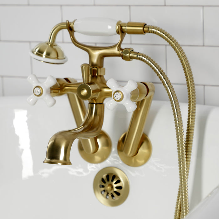 Kingston Heirloom KS229PXSB - Kingston Three-Handle 2-Hole Tub Wall Mount Clawfoot Tub Faucet with Hand Shower, Brushed Brass