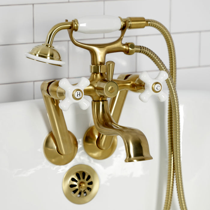 Kingston Heirloom KS229PXSB - Kingston Three-Handle 2-Hole Tub Wall Mount Clawfoot Tub Faucet with Hand Shower, Brushed Brass