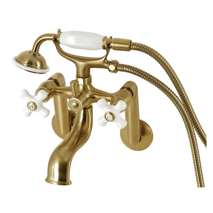 Kingston Heirloom KS229PXSB - Kingston Three-Handle 2-Hole Tub Wall Mount Clawfoot Tub Faucet with Hand Shower, Brushed Brass
