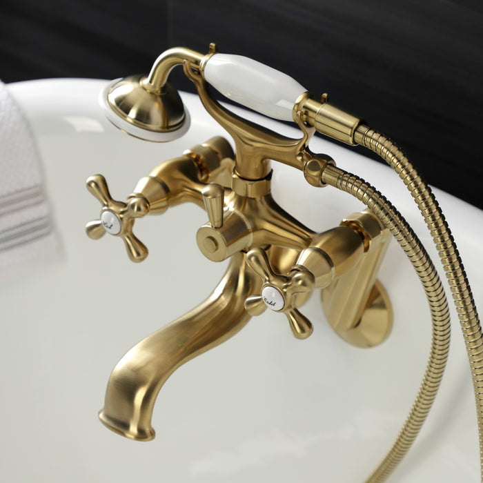 Kingston Heirloom KS229SB - Kingston Three-Handle 2-Hole Tub Wall Mount Clawfoot Tub Faucet with Handshower, Brushed Brass