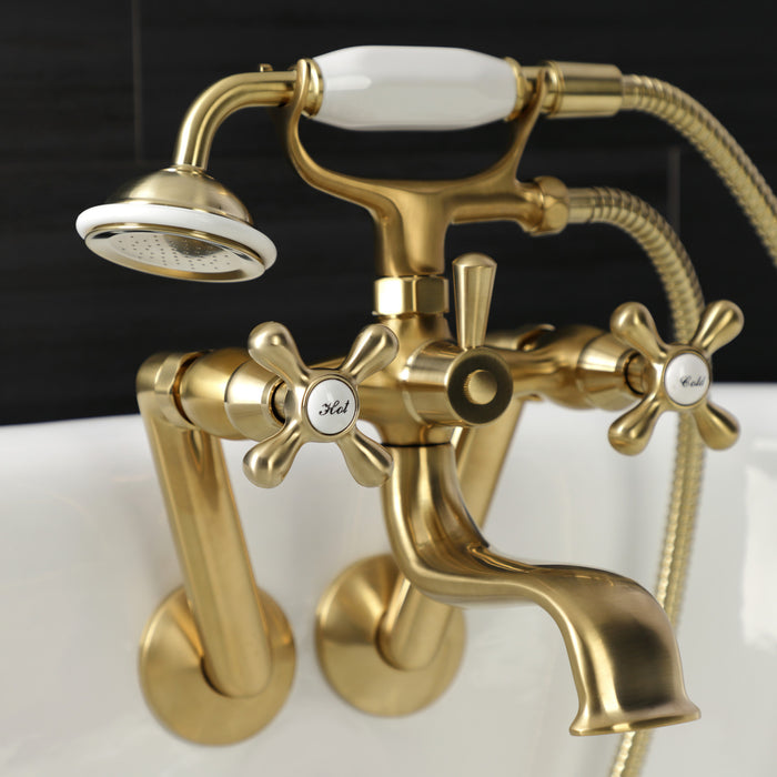 Kingston Heirloom KS229SB - Kingston Three-Handle 2-Hole Tub Wall Mount Clawfoot Tub Faucet with Handshower, Brushed Brass