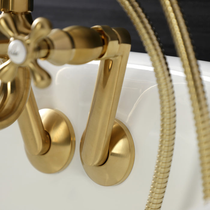 Kingston Heirloom KS229SB - Kingston Three-Handle 2-Hole Tub Wall Mount Clawfoot Tub Faucet with Handshower, Brushed Brass