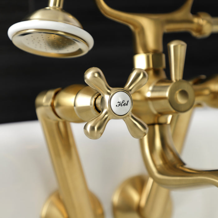 Kingston Heirloom KS229SB - Kingston Three-Handle 2-Hole Tub Wall Mount Clawfoot Tub Faucet with Handshower, Brushed Brass