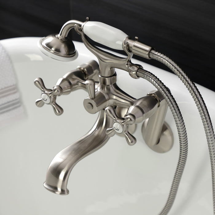 Kingston Heirloom KS229SN - Kingston Three-Handle 2-Hole Tub Wall Mount Clawfoot Tub Faucet with Handshower, Brushed Nickel