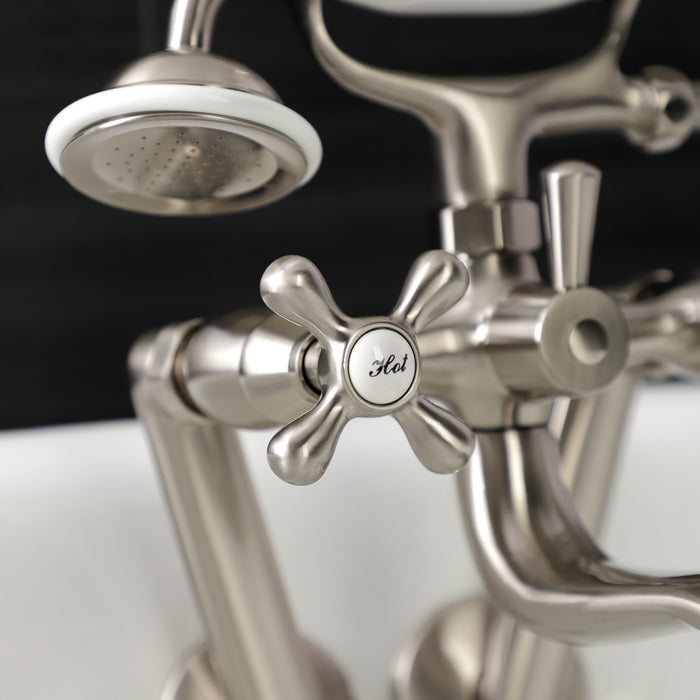 Kingston Heirloom KS229SN - Kingston Three-Handle 2-Hole Tub Wall Mount Clawfoot Tub Faucet with Handshower, Brushed Nickel