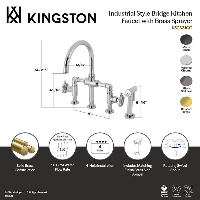 Kingston Sona KS2330CG - Fuller Two-Handle 4-Hole Deck Mount Industrial Style Bridge Kitchen Faucet with Brass Sprayer, Matte Black