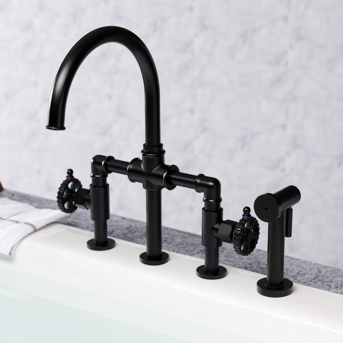 Kingston Sona KS2330CG - Fuller Two-Handle 4-Hole Deck Mount Industrial Style Bridge Kitchen Faucet with Brass Sprayer, Matte Black