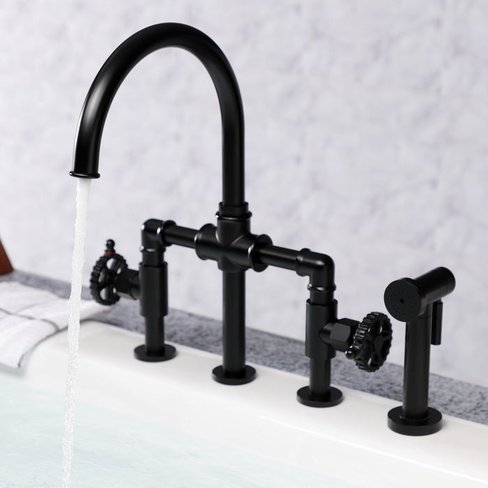 Kingston Sona KS2330CG - Fuller Two-Handle 4-Hole Deck Mount Industrial Style Bridge Kitchen Faucet with Brass Sprayer, Matte Black
