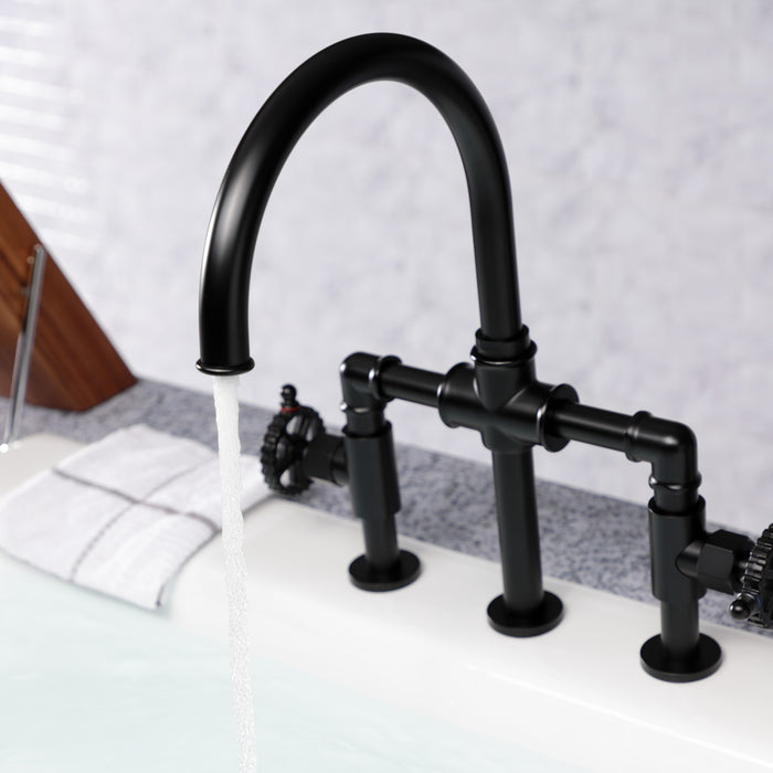 Kingston Sona KS2330CG - Fuller Two-Handle 4-Hole Deck Mount Industrial Style Bridge Kitchen Faucet with Brass Sprayer, Matte Black