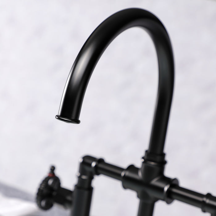 Kingston Sona KS2330CG - Fuller Two-Handle 4-Hole Deck Mount Industrial Style Bridge Kitchen Faucet with Brass Sprayer, Matte Black