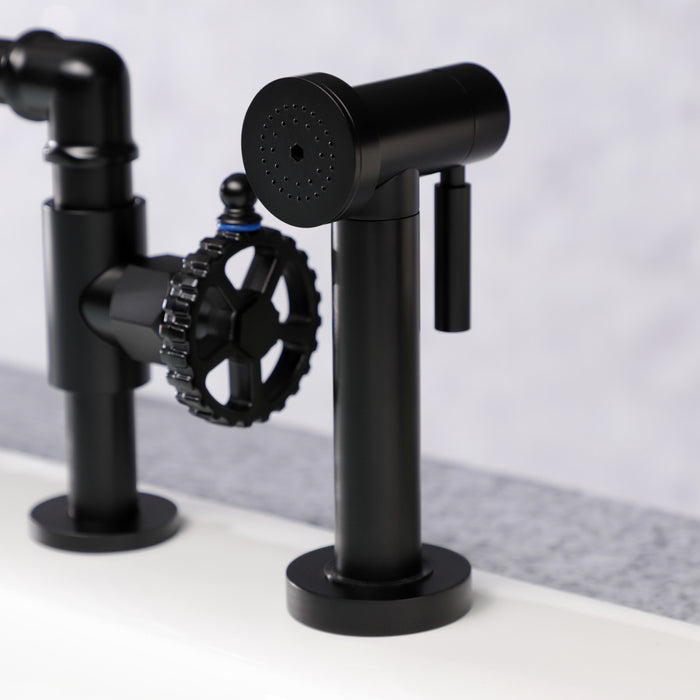 Kingston Sona KS2330CG - Fuller Two-Handle 4-Hole Deck Mount Industrial Style Bridge Kitchen Faucet with Brass Sprayer, Matte Black