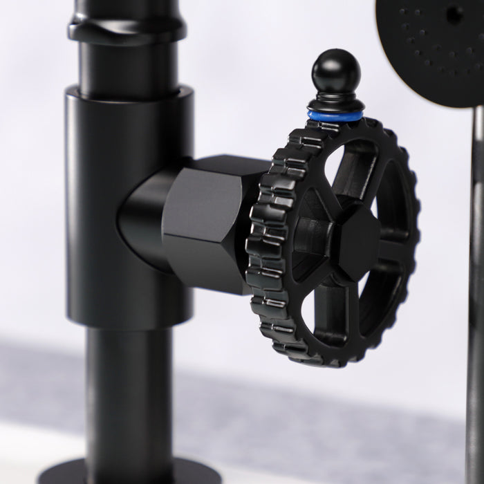 Kingston Sona KS2330CG - Fuller Two-Handle 4-Hole Deck Mount Industrial Style Bridge Kitchen Faucet with Brass Sprayer, Matte Black