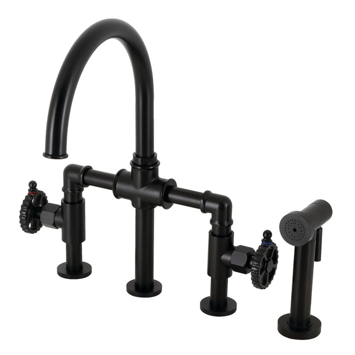 Kingston Sona KS2330CG - Fuller Two-Handle 4-Hole Deck Mount Industrial Style Bridge Kitchen Faucet with Brass Sprayer, Matte Black