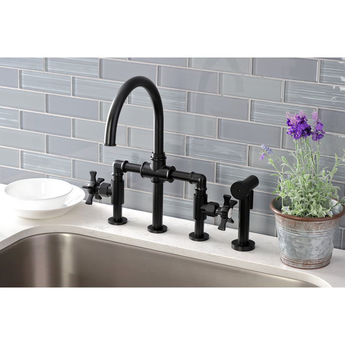 Kingston Sona KS2330NX - Hamilton Two-Handle 4-Hole Deck Mount Industrial Style Bridge Kitchen Faucet with Brass Sprayer, Matte Black