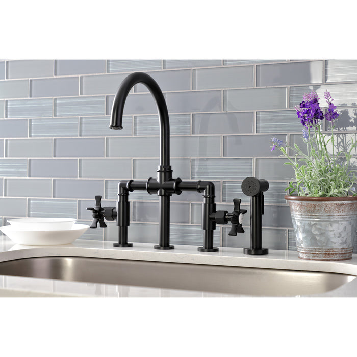 Kingston Sona KS2330NX - Hamilton Two-Handle 4-Hole Deck Mount Industrial Style Bridge Kitchen Faucet with Brass Sprayer, Matte Black
