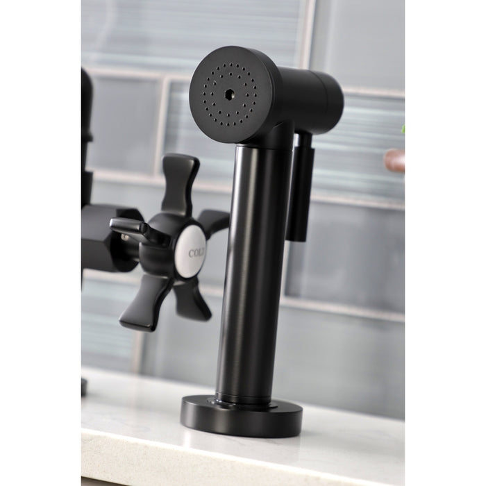Kingston Sona KS2330NX - Hamilton Two-Handle 4-Hole Deck Mount Industrial Style Bridge Kitchen Faucet with Brass Sprayer, Matte Black
