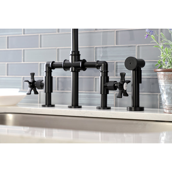 Kingston Sona KS2330NX - Hamilton Two-Handle 4-Hole Deck Mount Industrial Style Bridge Kitchen Faucet with Brass Sprayer, Matte Black
