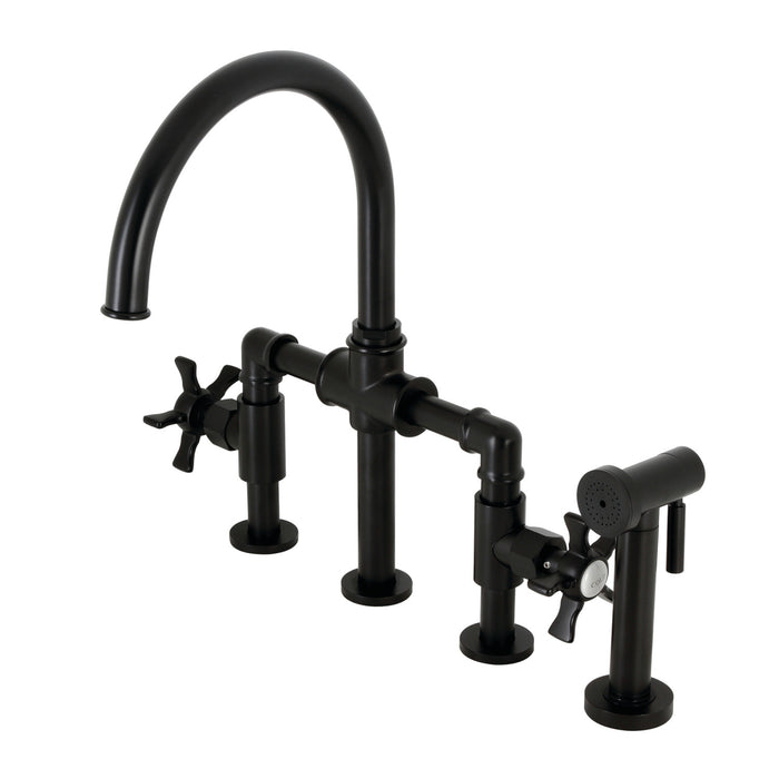 Kingston Sona KS2330NX - Hamilton Two-Handle 4-Hole Deck Mount Industrial Style Bridge Kitchen Faucet with Brass Sprayer, Matte Black