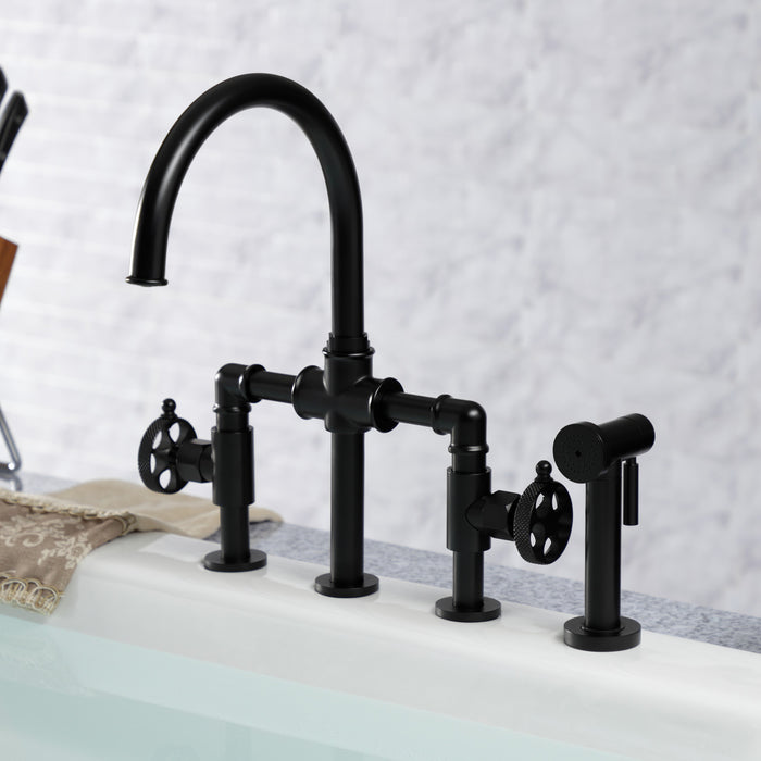 Kingston Sona KS2330RKX - Webb Two-Handle 4-Hole Deck Mount Knurled Handle Bridge Kitchen Faucet with Brass Sprayer, Matte Black