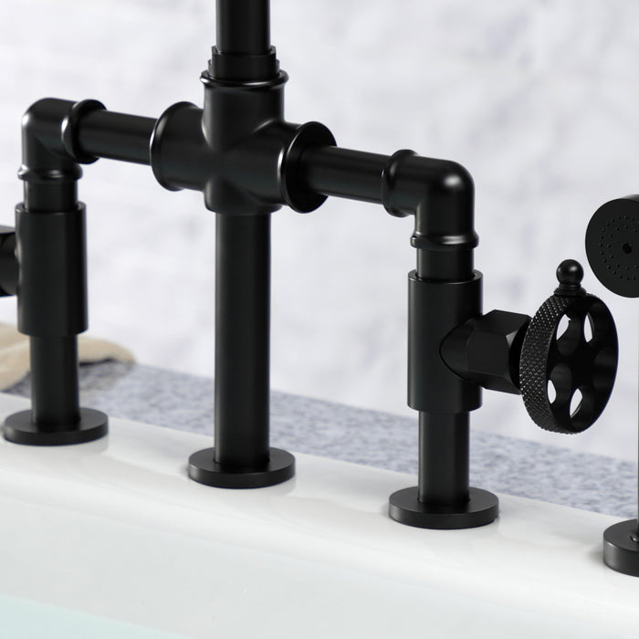 Kingston Sona KS2330RKX - Webb Two-Handle 4-Hole Deck Mount Knurled Handle Bridge Kitchen Faucet with Brass Sprayer, Matte Black