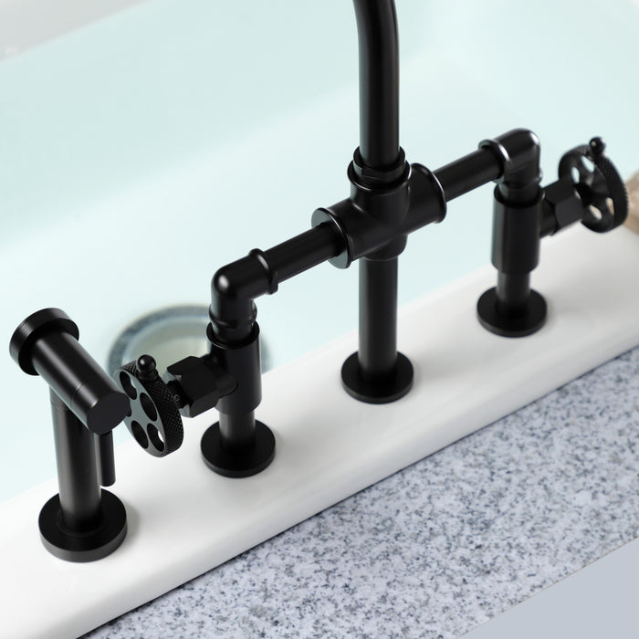 Kingston Sona KS2330RKX - Webb Two-Handle 4-Hole Deck Mount Knurled Handle Bridge Kitchen Faucet with Brass Sprayer, Matte Black