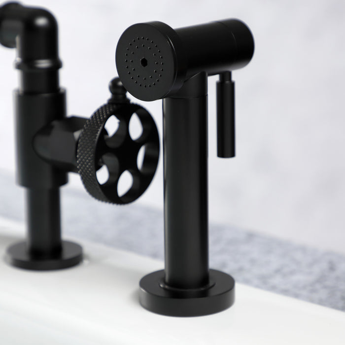 Kingston Sona KS2330RKX - Webb Two-Handle 4-Hole Deck Mount Knurled Handle Bridge Kitchen Faucet with Brass Sprayer, Matte Black