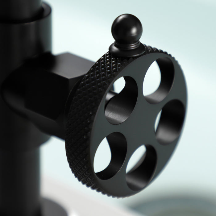 Kingston Sona KS2330RKX - Webb Two-Handle 4-Hole Deck Mount Knurled Handle Bridge Kitchen Faucet with Brass Sprayer, Matte Black