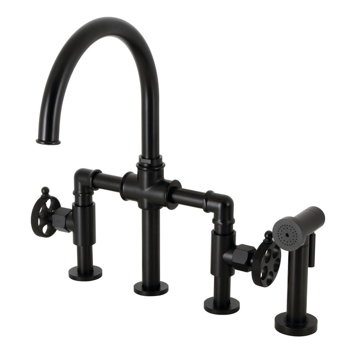 Kingston Sona KS2330RKX - Webb Two-Handle 4-Hole Deck Mount Knurled Handle Bridge Kitchen Faucet with Brass Sprayer, Matte Black