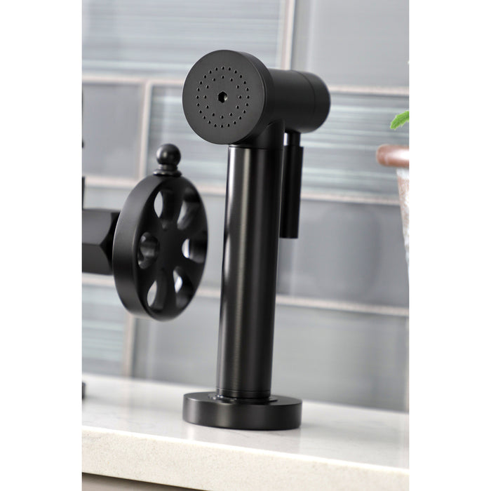 Kingston Sona KS2330RX - Belknap Two-Handle 4-Hole Deck Mount Industrial Style Bridge Kitchen Faucet with Brass Sprayer, Matte Black