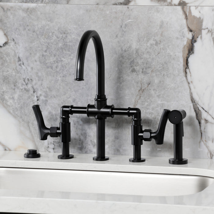 Kingston Sona KS2330TKL - Hallerbos Two-Handle 4-Hole Deck Mount Bridge Kitchen Faucet with Brass Sprayer, Matte Black