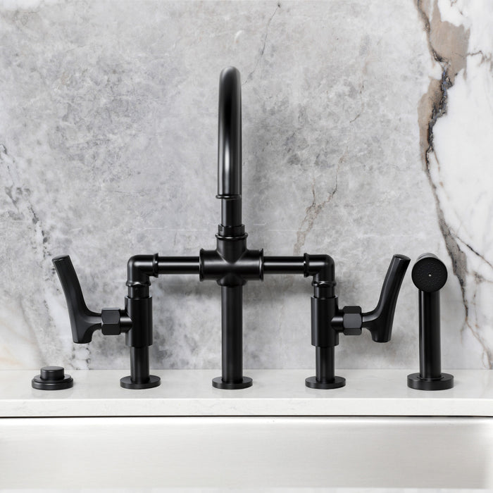 Kingston Sona KS2330TKL - Hallerbos Two-Handle 4-Hole Deck Mount Bridge Kitchen Faucet with Brass Sprayer, Matte Black
