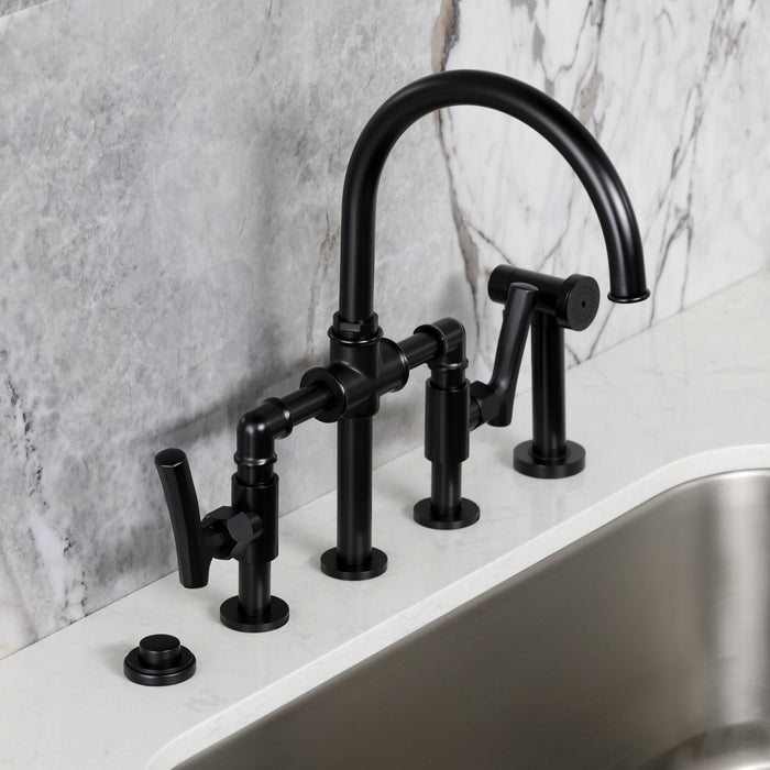 Kingston Sona KS2330TKL - Hallerbos Two-Handle 4-Hole Deck Mount Bridge Kitchen Faucet with Brass Sprayer, Matte Black