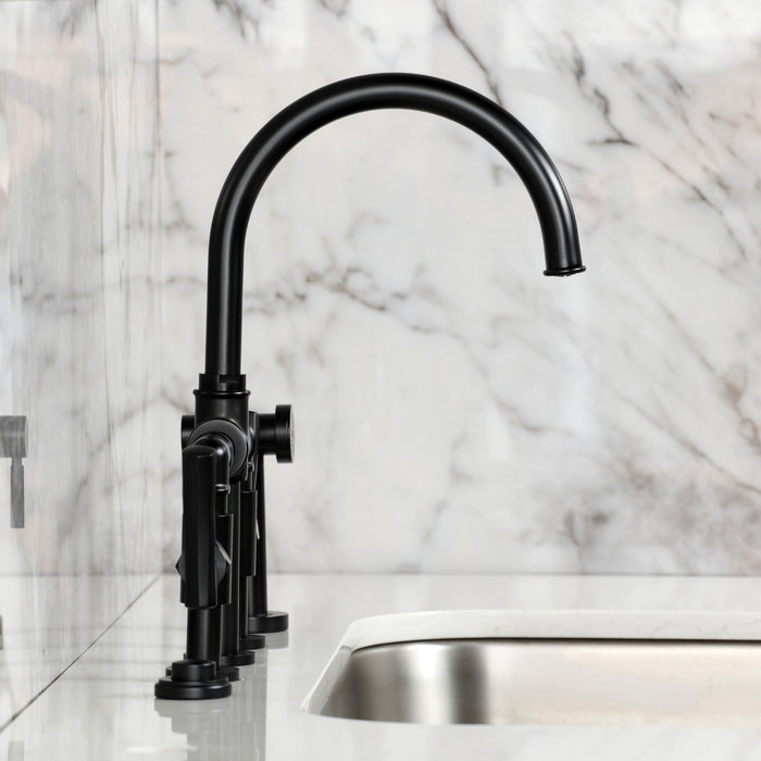Kingston Sona KS2330TKL - Hallerbos Two-Handle 4-Hole Deck Mount Bridge Kitchen Faucet with Brass Sprayer, Matte Black