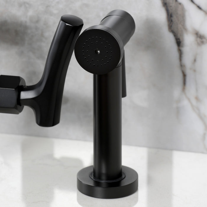 Kingston Sona KS2330TKL - Hallerbos Two-Handle 4-Hole Deck Mount Bridge Kitchen Faucet with Brass Sprayer, Matte Black