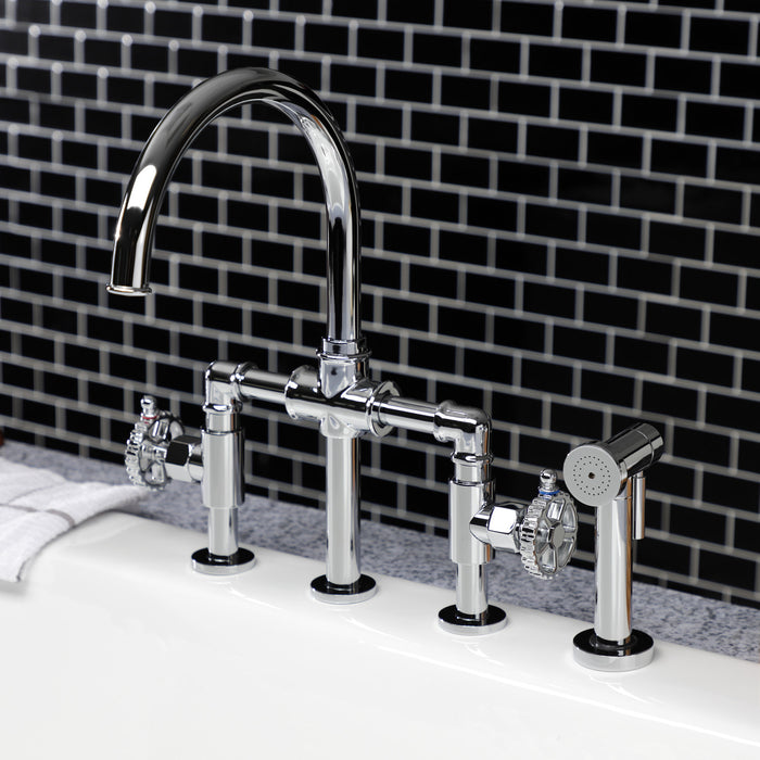 Kingston Sona KS2331CG - Fuller Two-Handle 4-Hole Deck Mount Industrial Style Bridge Kitchen Faucet with Brass Sprayer, Polished Chrome