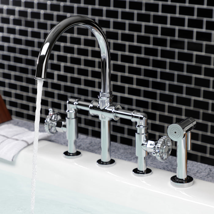 Kingston Sona KS2331CG - Fuller Two-Handle 4-Hole Deck Mount Industrial Style Bridge Kitchen Faucet with Brass Sprayer, Polished Chrome