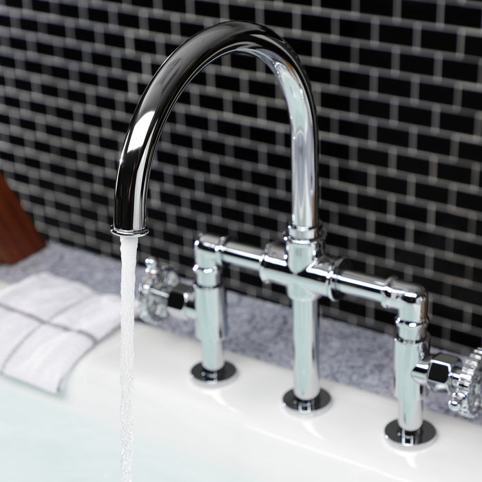 Kingston Sona KS2331CG - Fuller Two-Handle 4-Hole Deck Mount Industrial Style Bridge Kitchen Faucet with Brass Sprayer, Polished Chrome