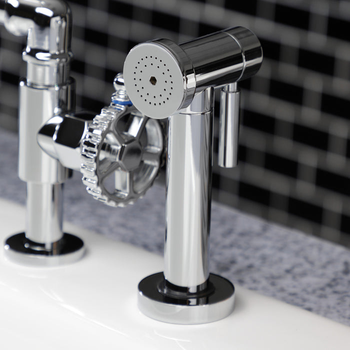 Kingston Sona KS2331CG - Fuller Two-Handle 4-Hole Deck Mount Industrial Style Bridge Kitchen Faucet with Brass Sprayer, Polished Chrome