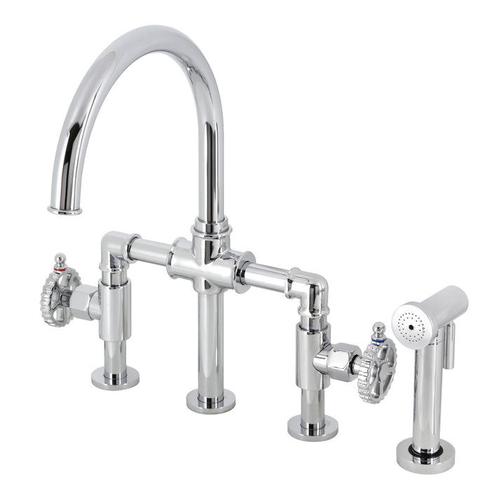 Kingston Sona KS2331CG - Fuller Two-Handle 4-Hole Deck Mount Industrial Style Bridge Kitchen Faucet with Brass Sprayer, Polished Chrome