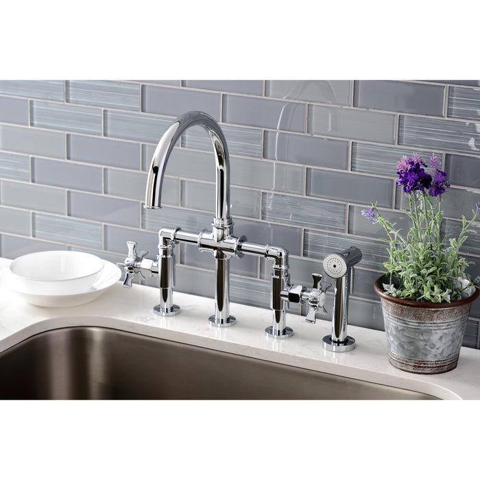 Kingston Sona KS2331NX - Hamilton Two-Handle 4-Hole Deck Mount Industrial Style Bridge Kitchen Faucet with Brass Sprayer, Polished Chrome