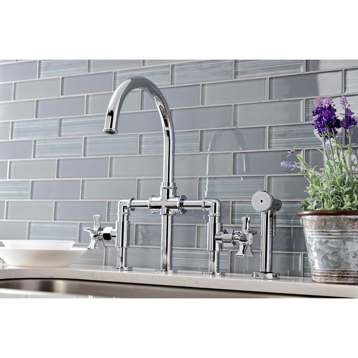 Kingston Sona KS2331NX - Hamilton Two-Handle 4-Hole Deck Mount Industrial Style Bridge Kitchen Faucet with Brass Sprayer, Polished Chrome