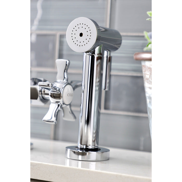 Kingston Sona KS2331NX - Hamilton Two-Handle 4-Hole Deck Mount Industrial Style Bridge Kitchen Faucet with Brass Sprayer, Polished Chrome